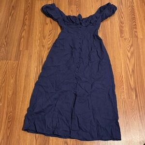 Altar’d State Blue Linen Peasant Off-Shoulder Navy Blue Button-Down Dress Size S